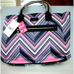 TRINA Pink & Navy Chevron Striped Tote Bag With Gold Accents And Zipper Pocket
